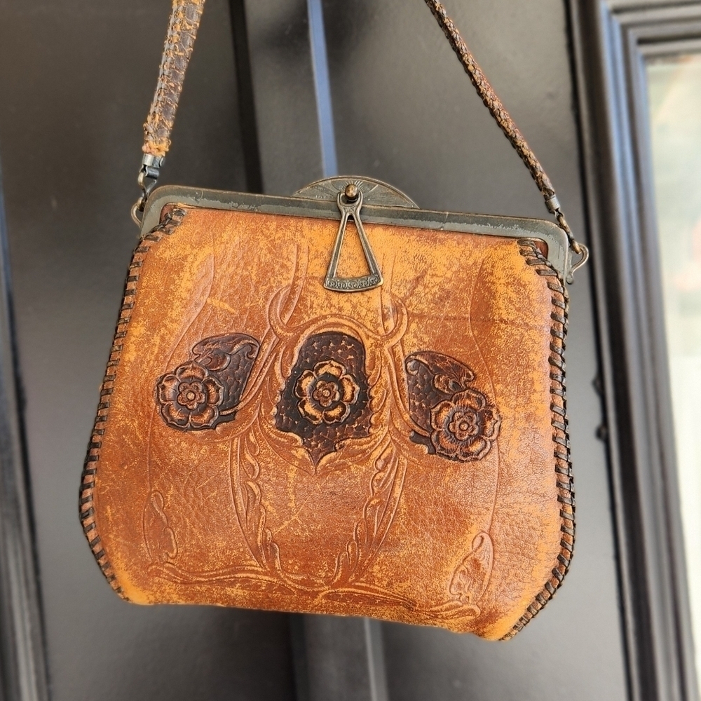 Antique Tooled Leather Purse Floral Design ‎ Art Nouveau Turnlock Bag - Picture 4 of 12
